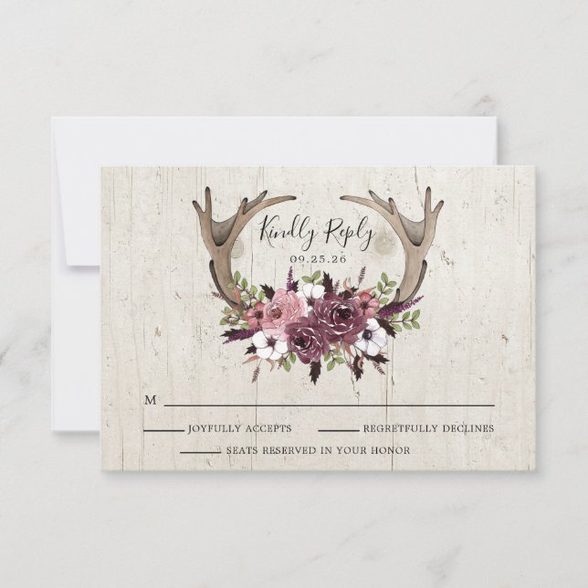 Rustic Boho Floral Antlers Wedding Response Card (Front)