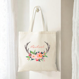 Rustic Boho Floral Antlers with Name Tote Bag