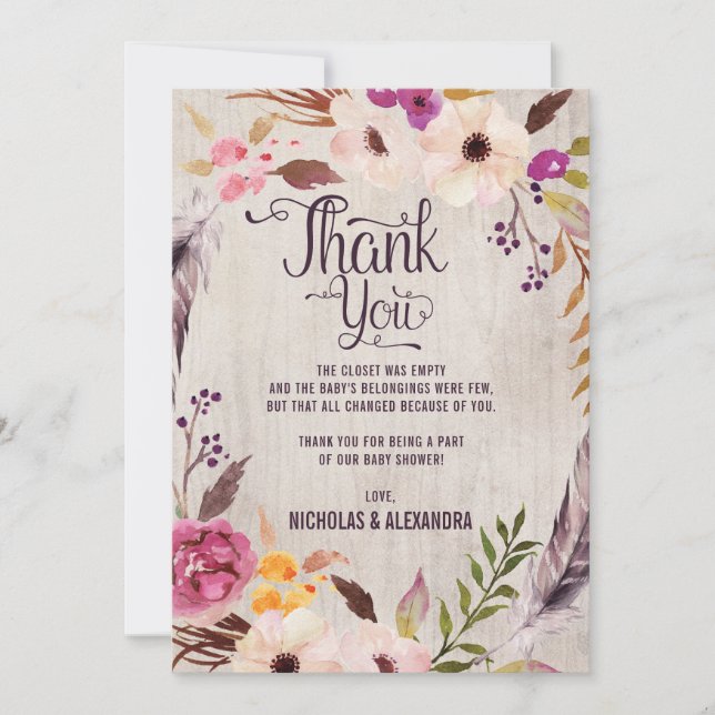 Rustic Boho Floral Baby Shower Thank You Note Card (Front)