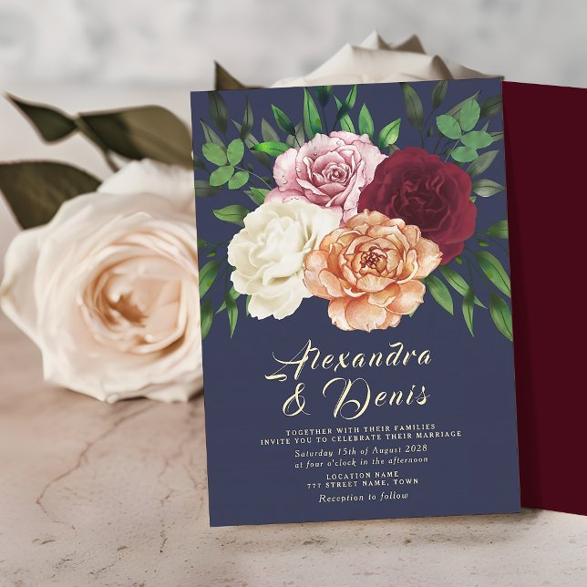 Rustic Boho Floral Burgundy and Navy Blue Wedding Invitation (Creator Uploaded)