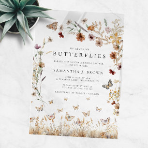 Rustic Boho Floral Butterflies Bridal Shower Acrylic Invitations