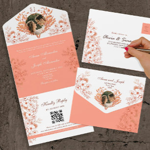 Rustic Boho Floral Coral Wedding All In One Invitation