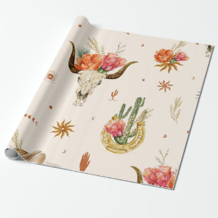 Rustic Boho Floral Cow Skull and Western Wrapping Paper