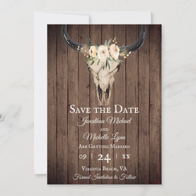 Rustic Boho Floral Cow Skull on Barnwood Wedding Save The Date (Front)