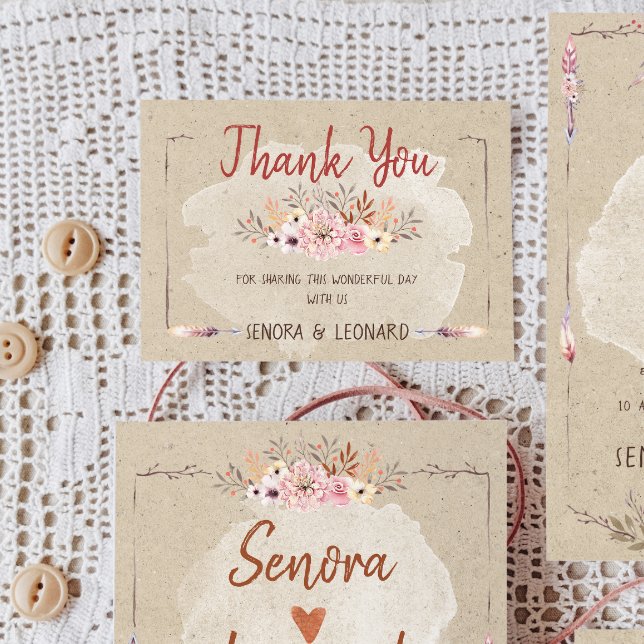 Rustic Boho Floral Kraft Wedding Thank You Card (Creator Uploaded)
