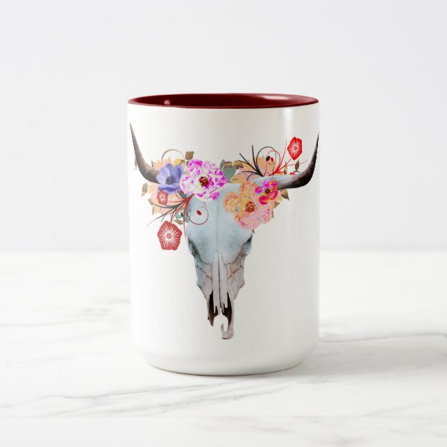 Rustic Boho Floral Longhorn Skull Two-Tone Coffee Mug (Center)