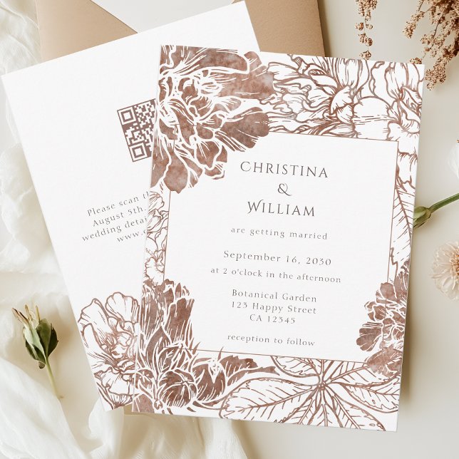 Rustic Boho Floral Mocha Brown Wedding QR Code Invitation (Creator Uploaded)