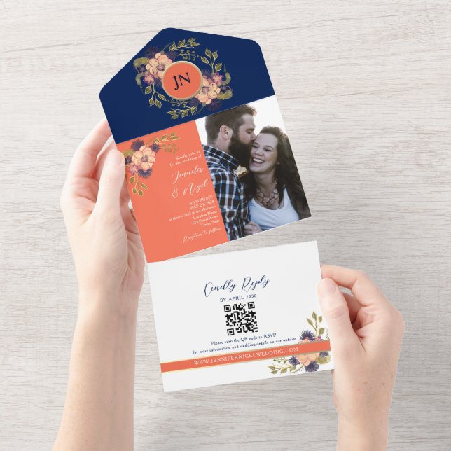 Rustic Boho Floral Navy and Coral Wedding All In One Invitation (Tearaway)
