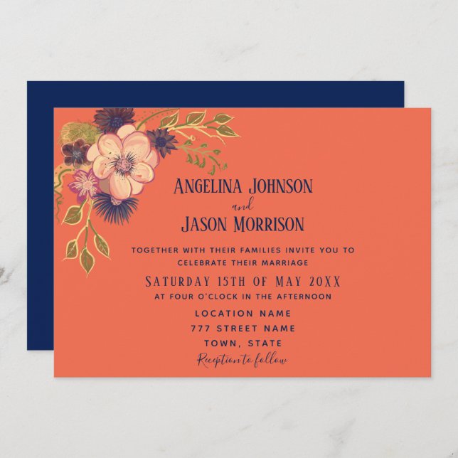 Rustic Boho Floral Navy and Coral Wedding Invitation (Front/Back)