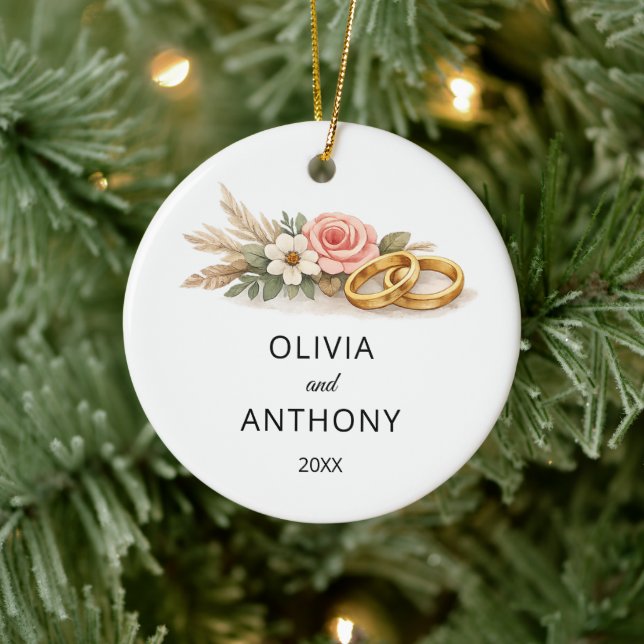 Rustic Boho Floral Pink Rose Wedding Name Ornament (Tree)