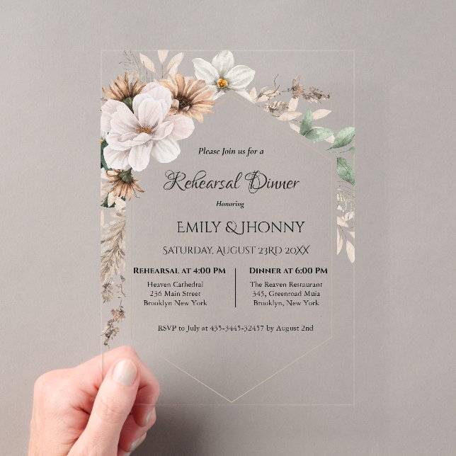 Rustic Boho Floral Rehearsal Dinner Acrylic Invitations (Insitu (Handheld))