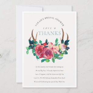 Rustic Boho Floral Stag Antlers Bridal Shower Thank You Card