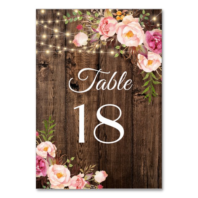 Rustic Boho Floral String Lights Wedding  Table Nu Table Number (Front)