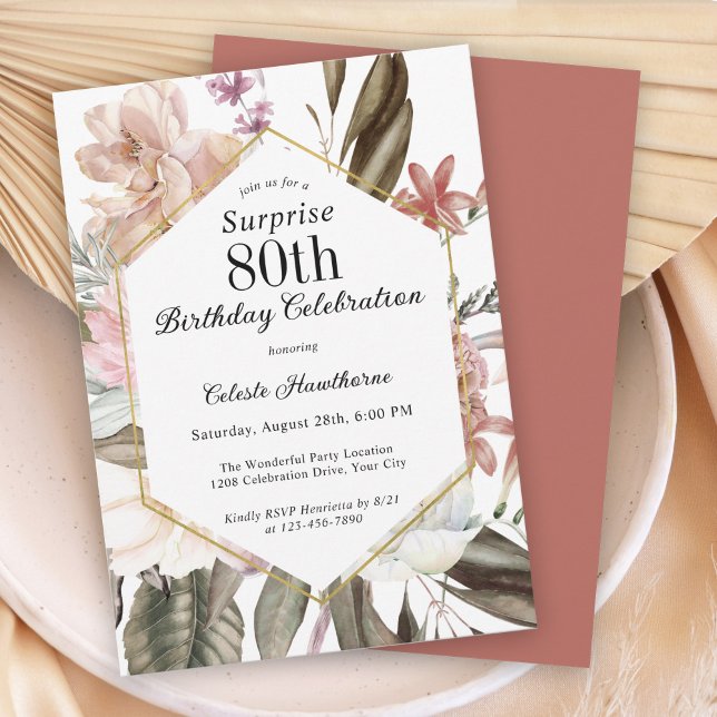 Rustic Boho Floral Surprise 80th Birthday Party Invitation (Creator Uploaded)