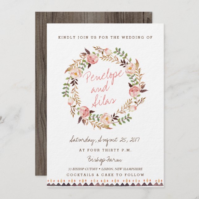 Rustic Boho Floral Wedding Invitations (Front/Back)