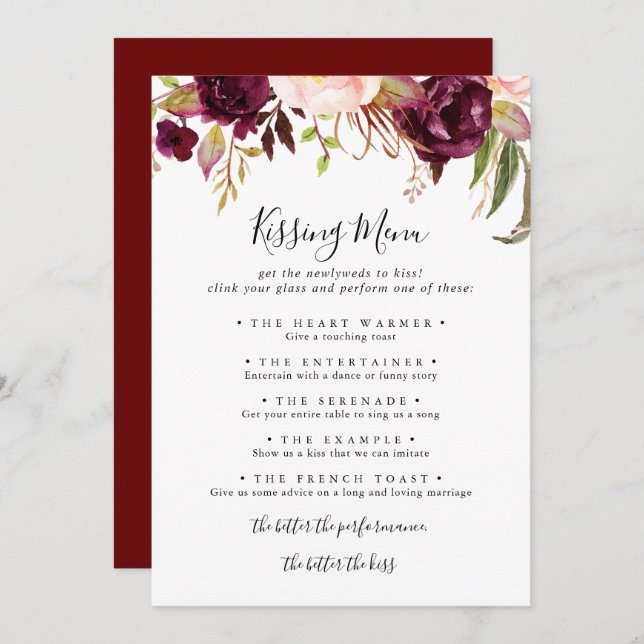 Rustic Boho Floral Wedding Kissing Menu Game Card (Front/Back)