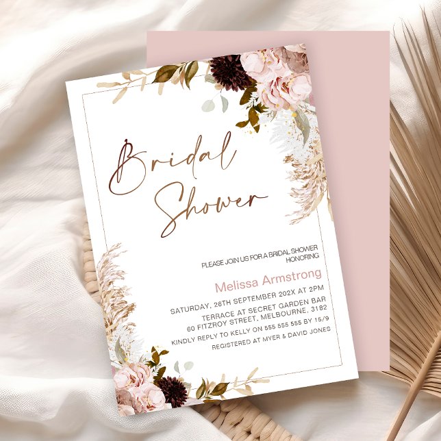 Rustic Boho Floral with Pampas Frame Bridal Shower Invitation (Boho Floral Bridal Shower Invitation, Natural Tones, Blush Bohemian Floral Bridal Shower Invite)