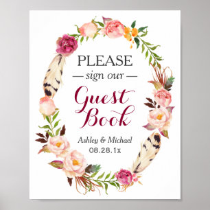 Rustic Boho Floral Wreath Guestbook Wedding Sign