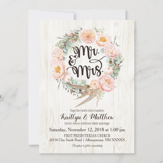 Rustic Boho Floral Wreath Wedding Invitation (Front)