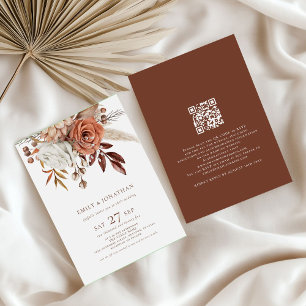 Rustic Boho Florals Brown Text QR Code Wedding Invitation
