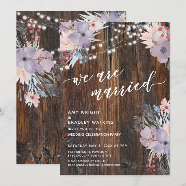 Rustic Boho Flowers & Lights We Are Married Invitation (Front/Back)