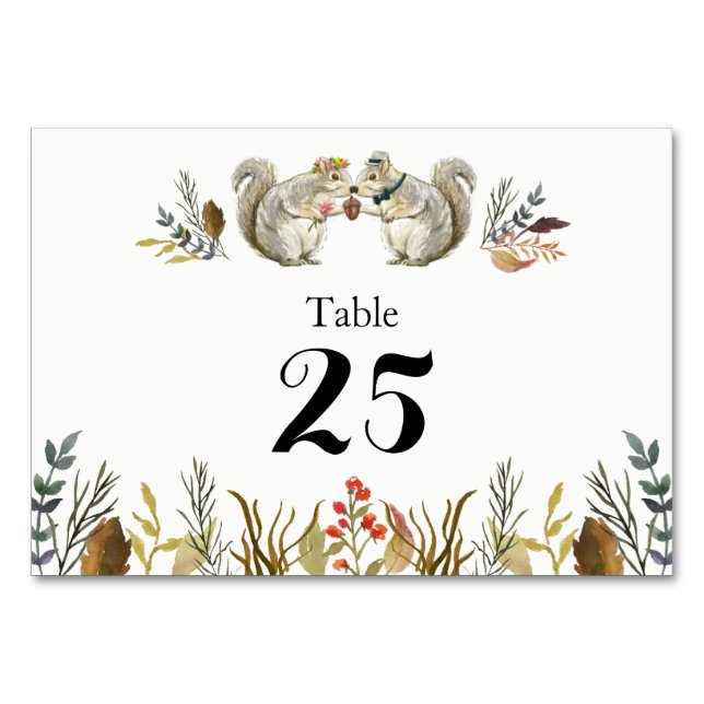 Rustic Boho Forest Squirrels Watercolor Wedding Table Number (Front)