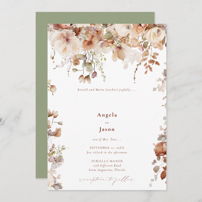 Rustic Boho Garden Flowers Wedding QR Code  Invitation (Front/Back)
