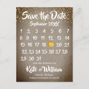Rustic Boho Gold Love Heart Calendar Save the Date Announcement Postcard