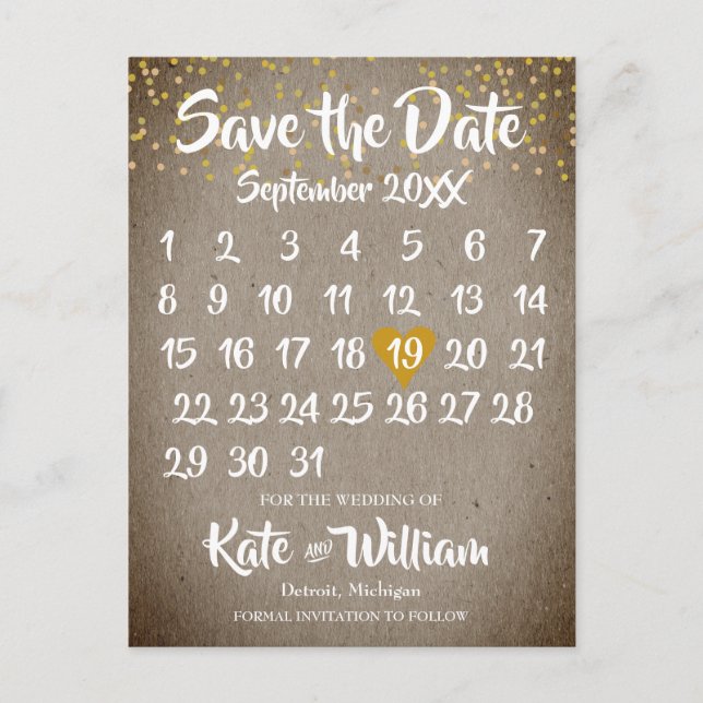 Rustic Boho Gold Love Heart Calendar Save the Date Announcement Postcard (Front)