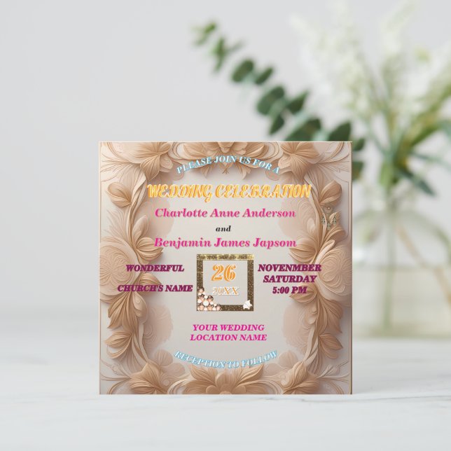  Rustic Boho Golden Glitter Floral Wedding   Invitation (Standing Front)