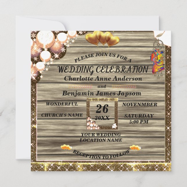  Rustic Boho Golden Glitter Wooden Wedding   Invitation (Front)