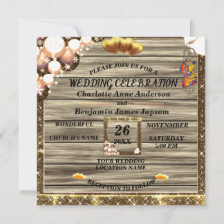  Rustic Boho Golden Glitter Wooden Wedding   Invitation