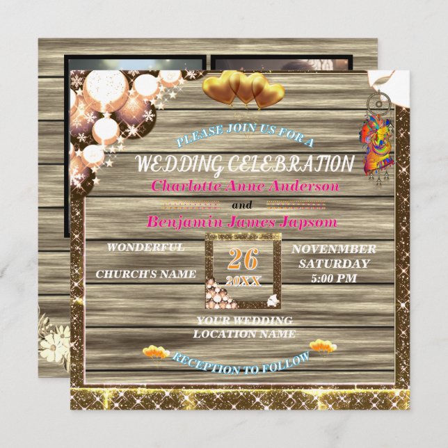 Rustic Boho Golden Glitter Wooden Wedding   Invitation (Front/Back)
