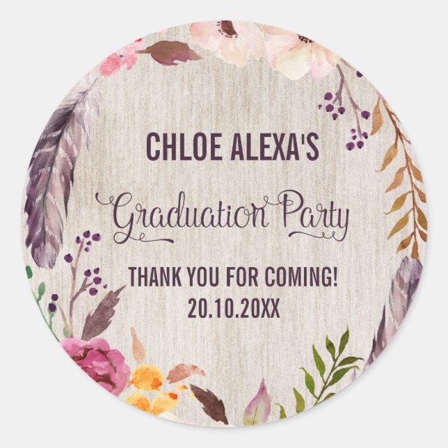 Rustic Boho Graduation Thank You Sticker Favors (Front)