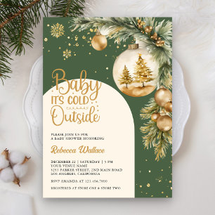 Rustic Boho Green Winter Christmas Baby Shower Invitation