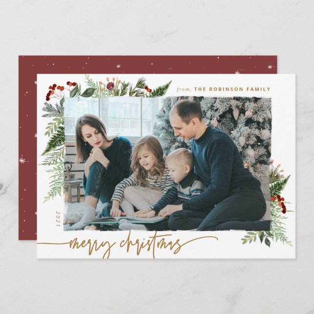 Rustic Boho Greenery Gold Dry Brush Effect Photo Holiday Card (Front/Back)