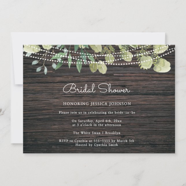 Rustic Boho Greenery Wood Bridal Shower Invitation (Front)