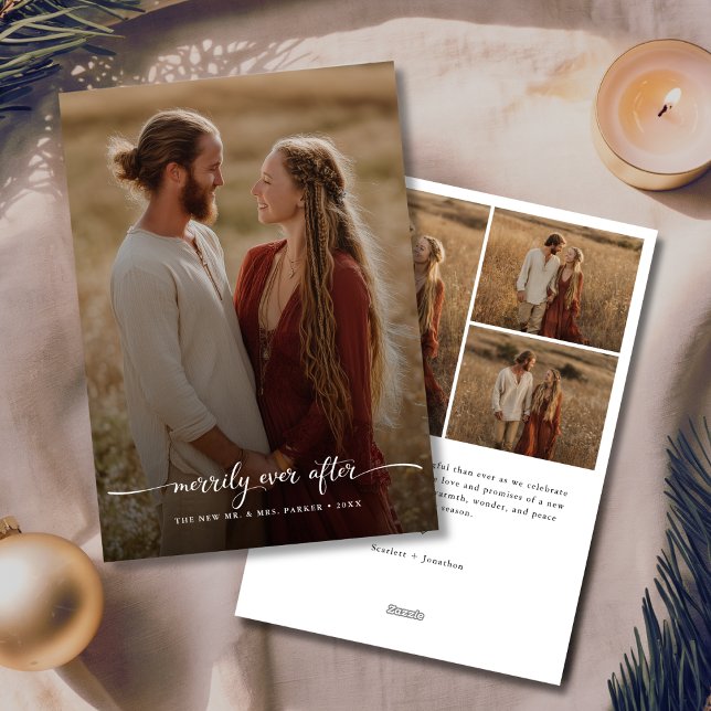Rustic Boho Handwritten Merrily Ever After Photo Holiday Card (Creator Uploaded)
