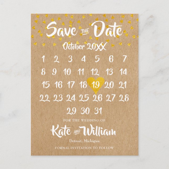 Rustic Boho Heart Calendar Photo Save the Date Announcement Postcard (Front)