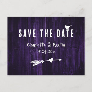 Rustic Boho Heart Purple Wedding Save The Date Postcard