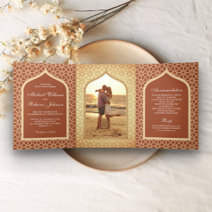 Rustic Boho Indian Lattice Arch Terracotta Wedding Tri-Fold Invitation