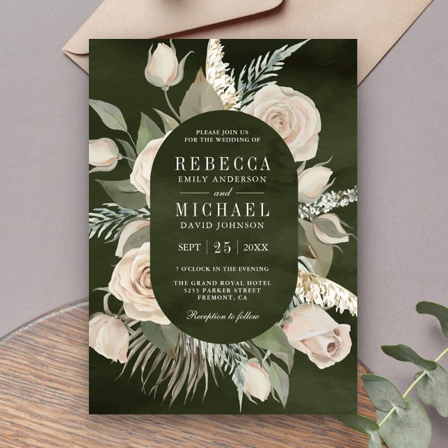 Rustic Boho Ivory Roses Dark Sage Green Wedding Invitation (Creator Uploaded)