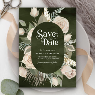 Rustic Boho Ivory Roses Dark Sage Wedding Save The Date