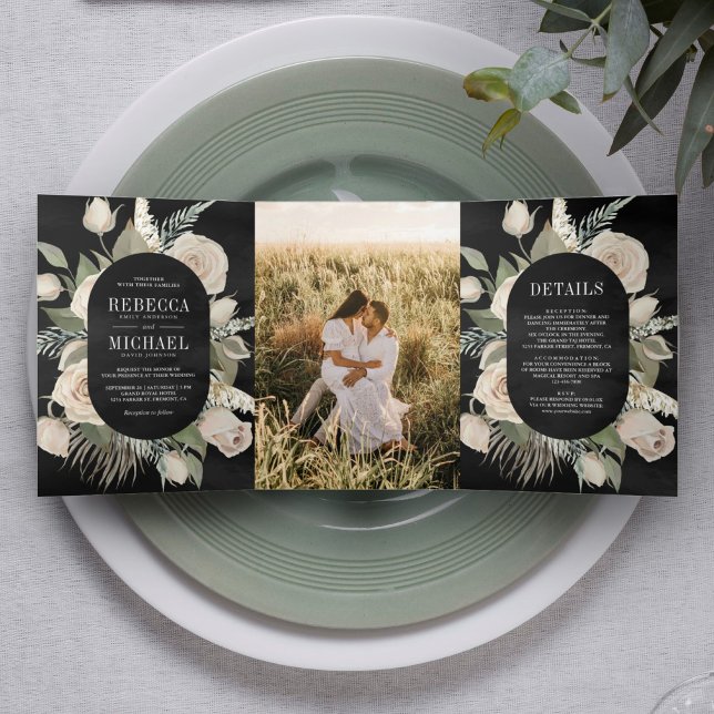 Rustic Boho Ivory Roses Sage Green Black Wedding Tri-Fold Invitation (Creator Uploaded)