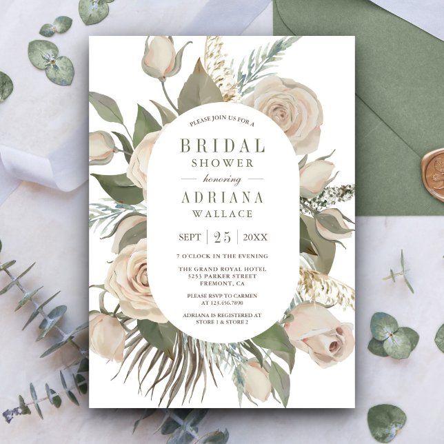 Rustic Boho Ivory Roses Sage Green Bridal Shower Invitation (Creator Uploaded)