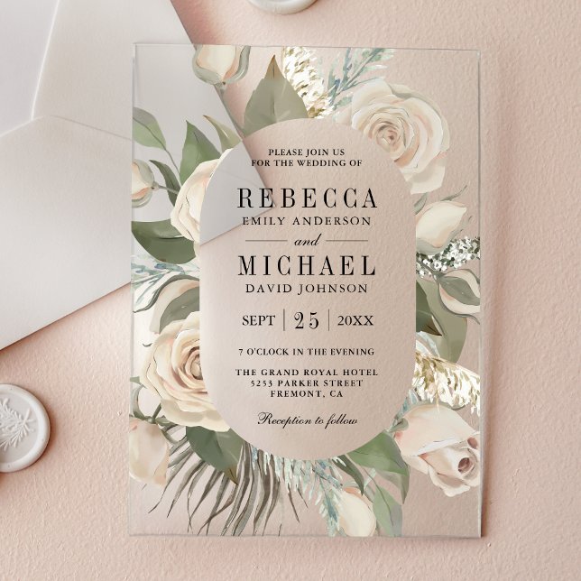 Rustic Boho Ivory Roses Sage Green Leaves Wedding Acrylic Invitations (Creator Uploaded)