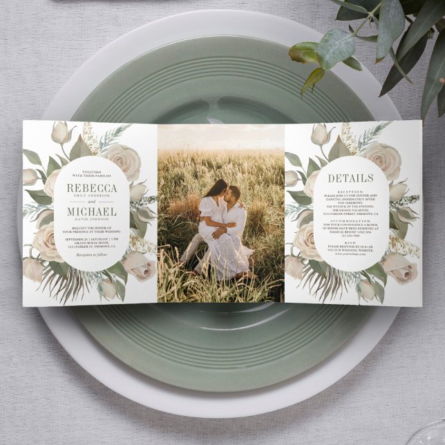 Rustic Boho Ivory Roses Sage Green Leaves Wedding Tri-Fold Invitation (Creator Uploaded)