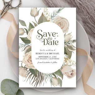 Rustic Boho Ivory Roses Sage Green Wedding Save The Date