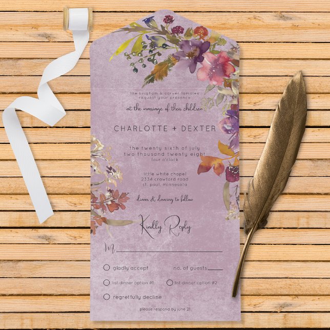 Rustic Boho Jewel Tone Florals Purple Dinner All In One Invitation (Creator Uploaded)