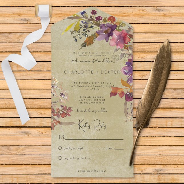 Rustic Boho Jewel Tone Florals Sage No Dinner All In One Invitation (Creator Uploaded)